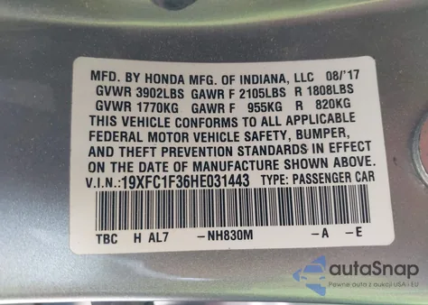2017 Honda Civic Ex-T z USA, uszkodzony, nr VIN 19XFC1F36HE031443